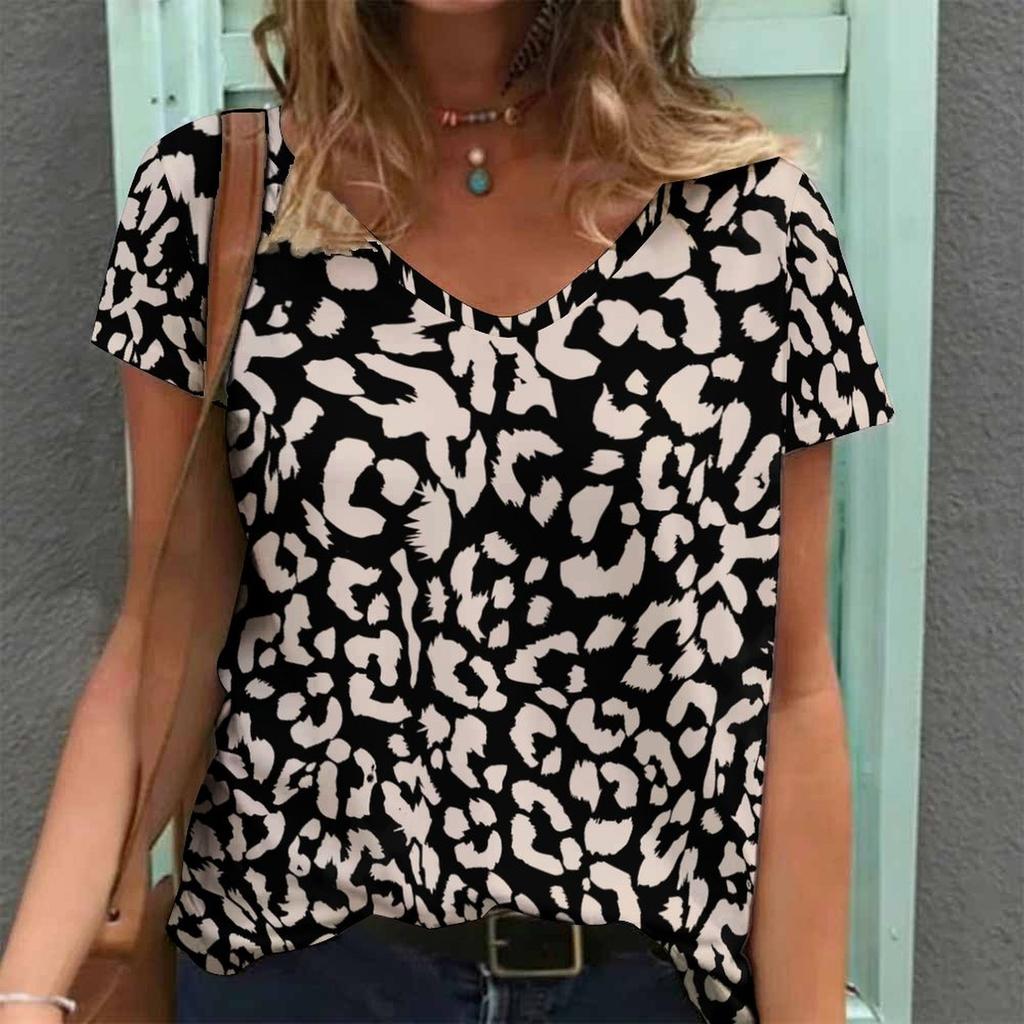 Women Print V Neck Short Sleeve Casual Loose Tunic Tops