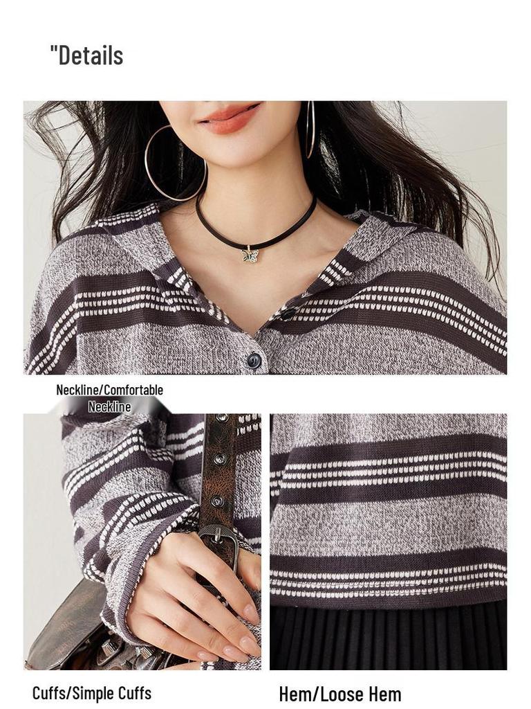 Women's 2025 Striped Hooded Loose Knitwear - Spring & Autumn Petite Top