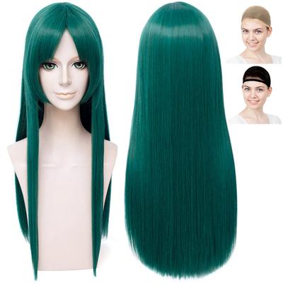 CaseEden Cosplay Wig, Smooth, Long, 60cm, Heat-Resistant, Green, Includes 2 Wig Nets