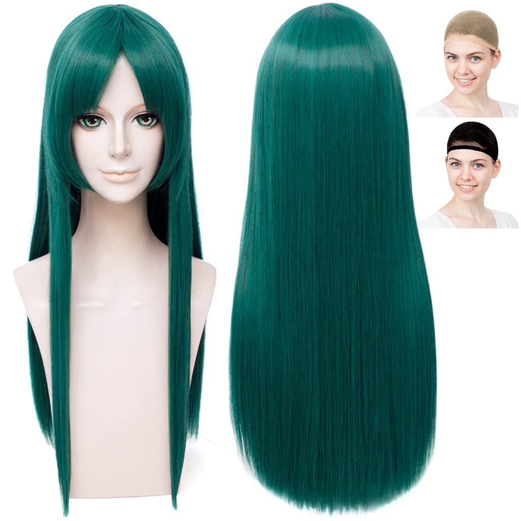 CaseEden Cosplay Wig, Smooth, Long, 60cm, Heat-Resistant, Green, Includes 2 Wig Nets
