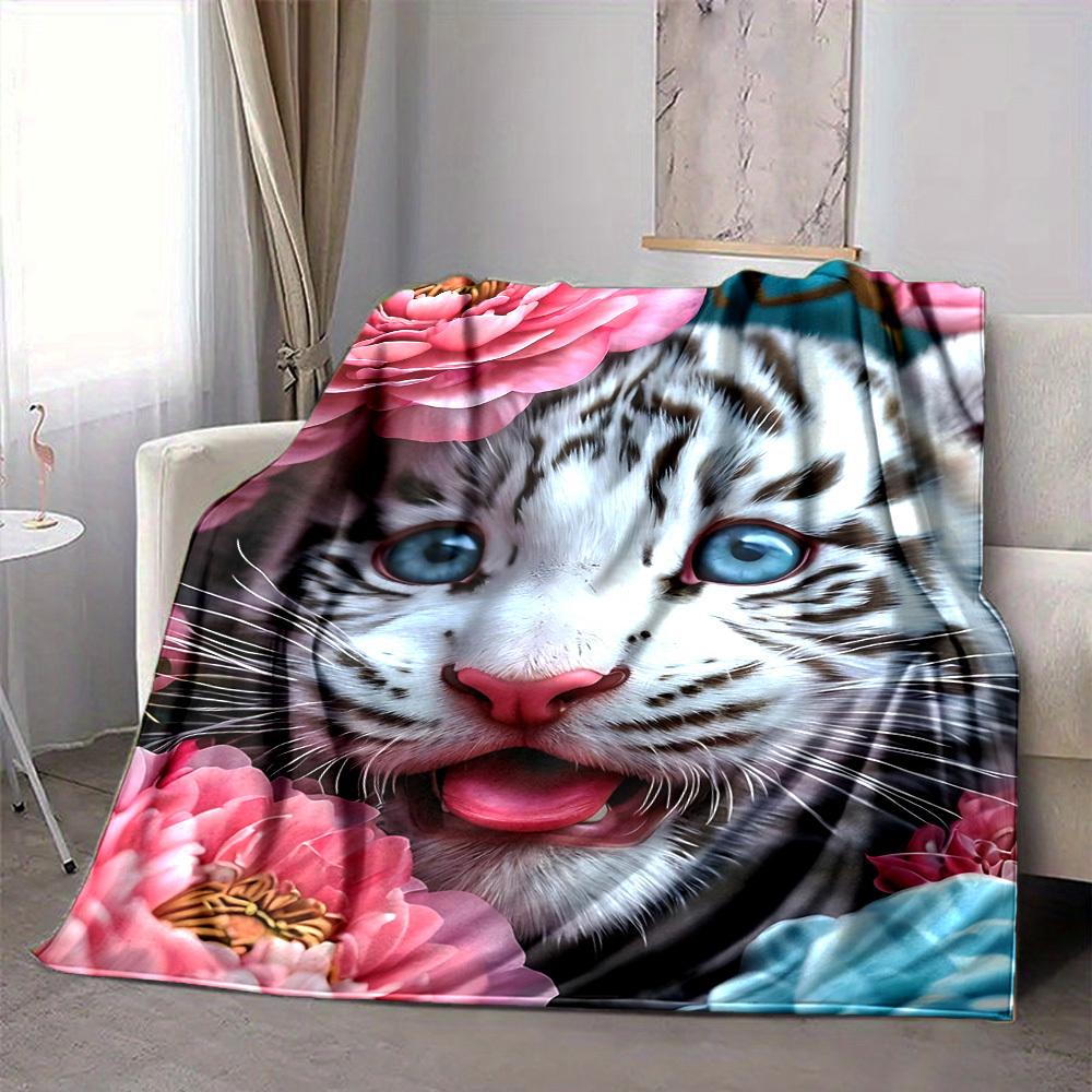 1pc Tiger Cub Flowers Blanket Lightweight Flannel Blanket Throw Blanket For Sofa, Bed, Travel, Camping, Livingroom, Office yy251015153