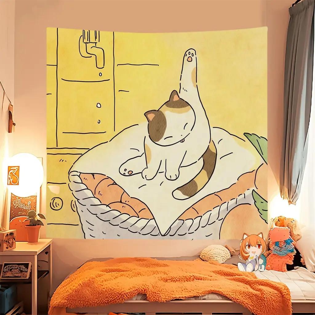 Kawaii Cat Tapestry Cute Cartoon Anime Wall Hanging Polyester Aesthetic Decor for Bedroom Dorm Kids Room Decor
