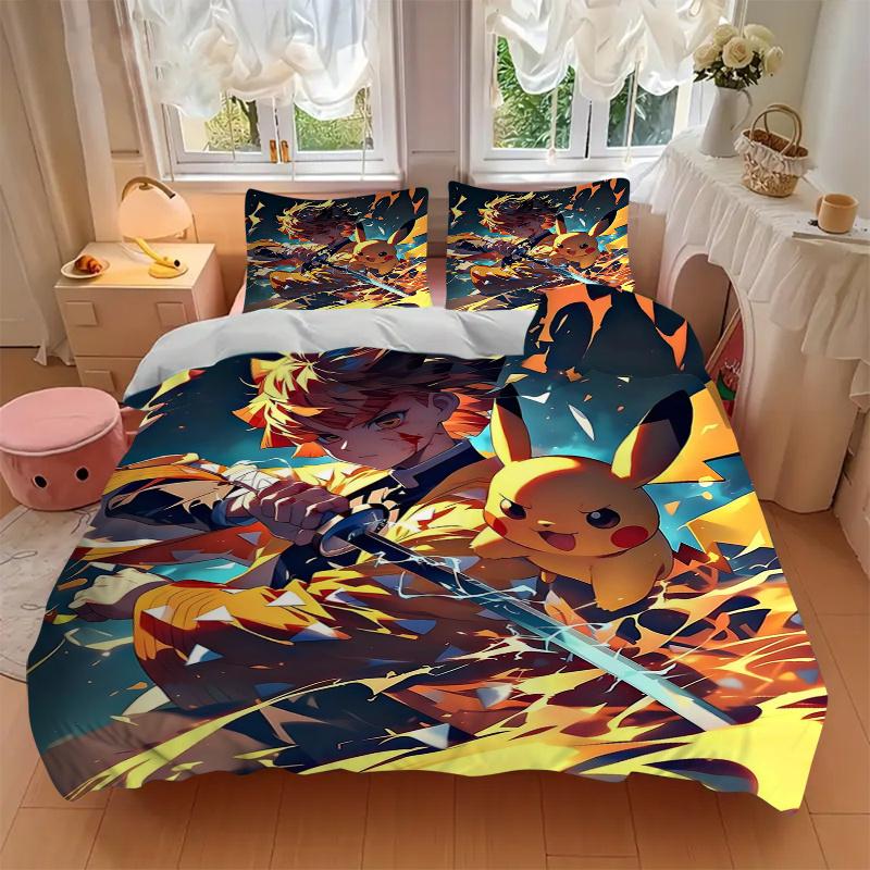 3pcs Anime Character & Pikachu Printed Bedding Set, Soft and Comfortable Quilt Cover for Bedroom, Guest Room (1 Duvet Cover + 2 Pillowcases,