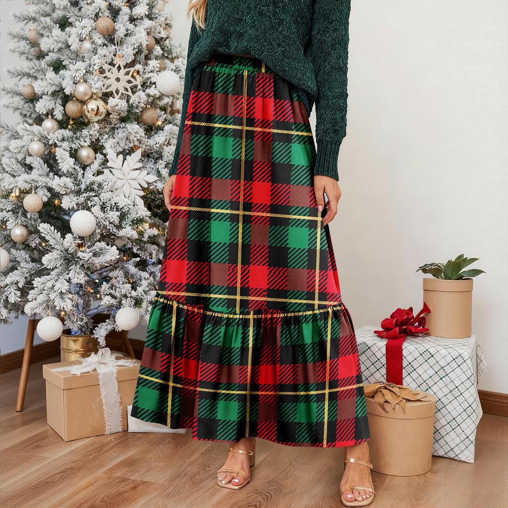 Women's Ruffled Casual Long Skirt Plaid Skirt Retro Pleated Skirt