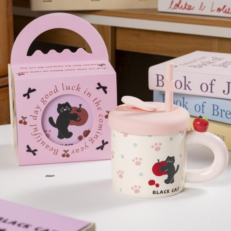 High Value Souvenir Apple Mug with Lid Gift Box Household Water Cup Cute Straw Cup Ceramic Coffee Cup