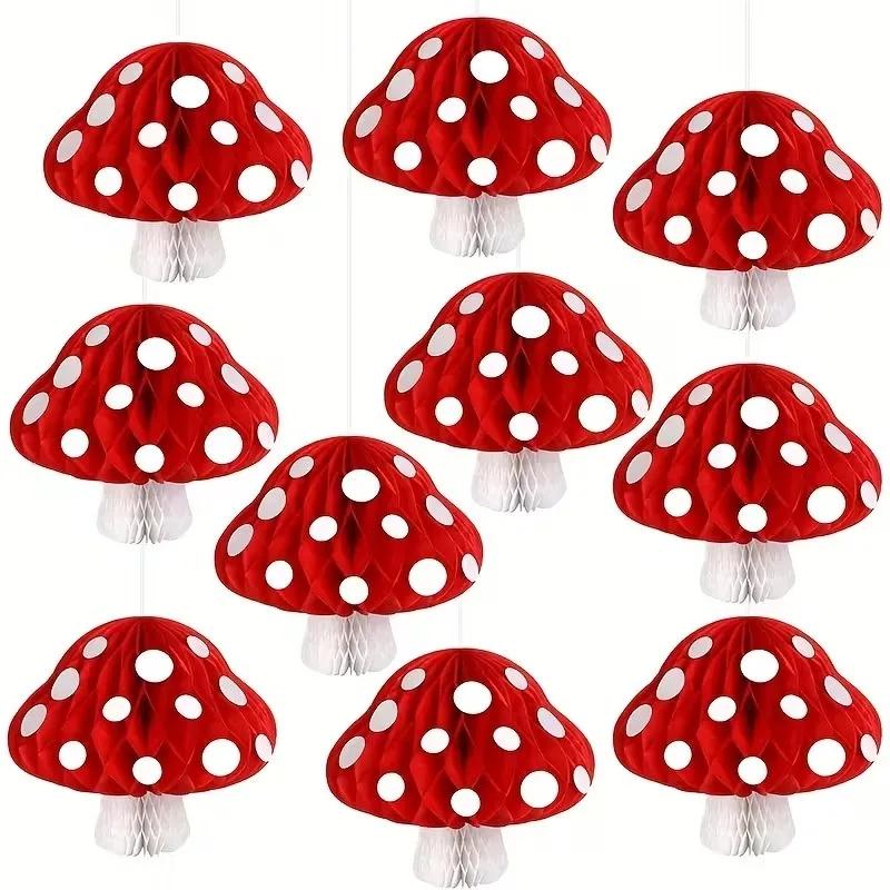 Creative Mushroom HoneycombBall 3D HangingOrnament for Indoor PartiesForest Theme Birthday Wedding Decor Jungle Wonderland Setup