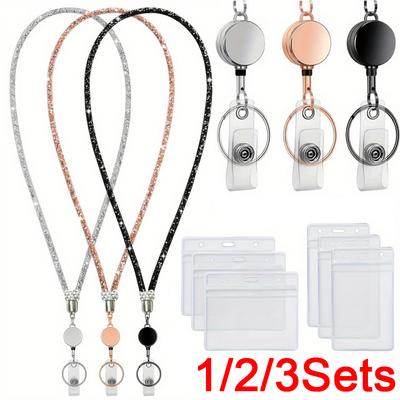Bling Rhinestone Retractable ID Badge Lanyard Waterproof Card Case Key Holder Stylish Work Badge Clip For Office Daily Use