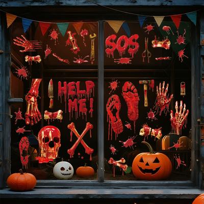 Halloween Static Window Cling Decals - and Bloody Handprint Design for Glass, Party Decoration