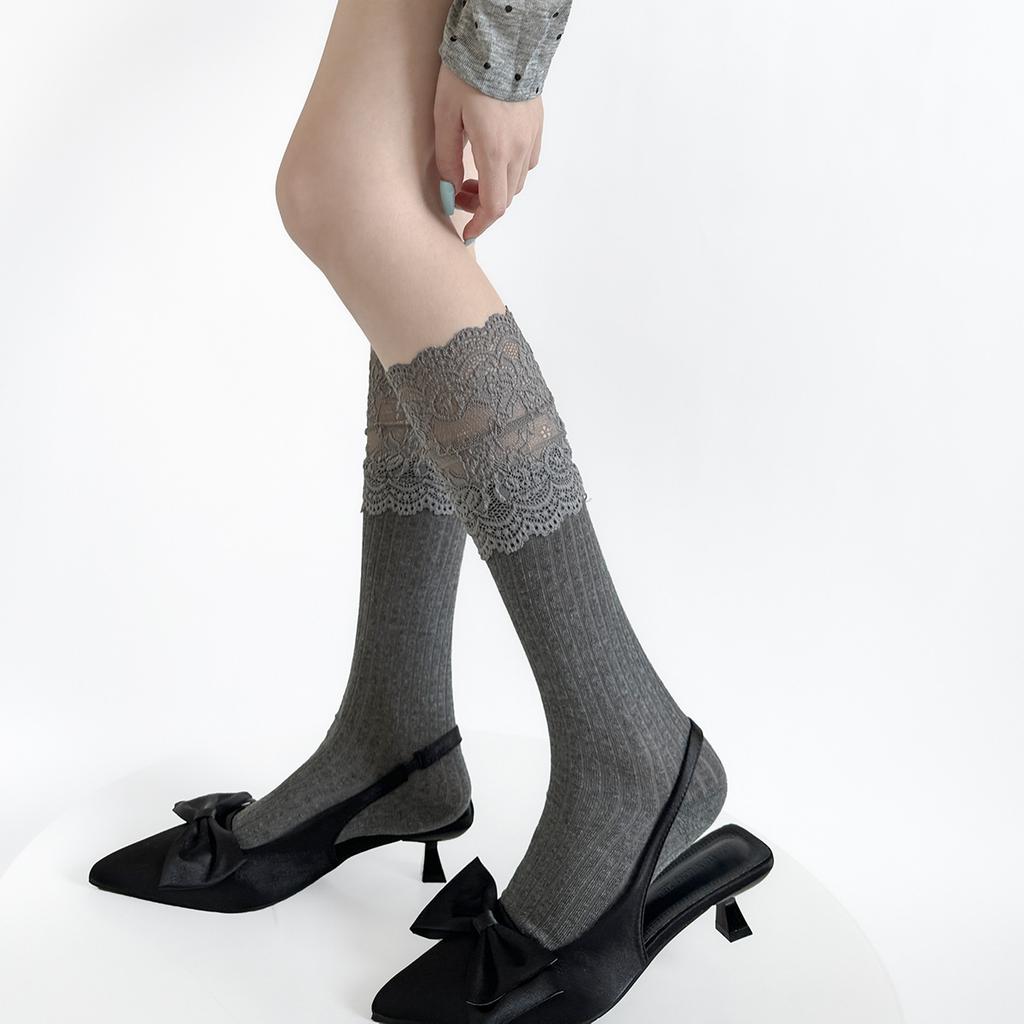 Lace Ruffle Socks Women Jk Lolita Sweet Girls Kawaii Middle Tube Socks Fashion Solid Color Black White Gray Long Socks Stockings
