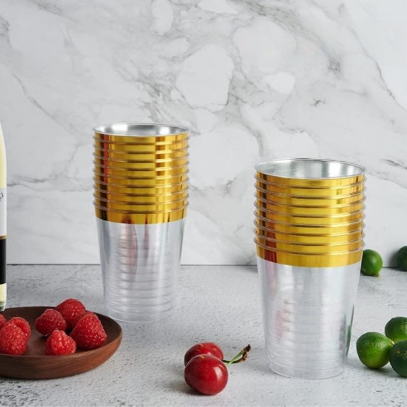 50pcs 10oz Golden Rim Cups, Durable Hard Plastic Water Glasses Suitable for Weddings and Parties, Party Dinnerware Drink Ware