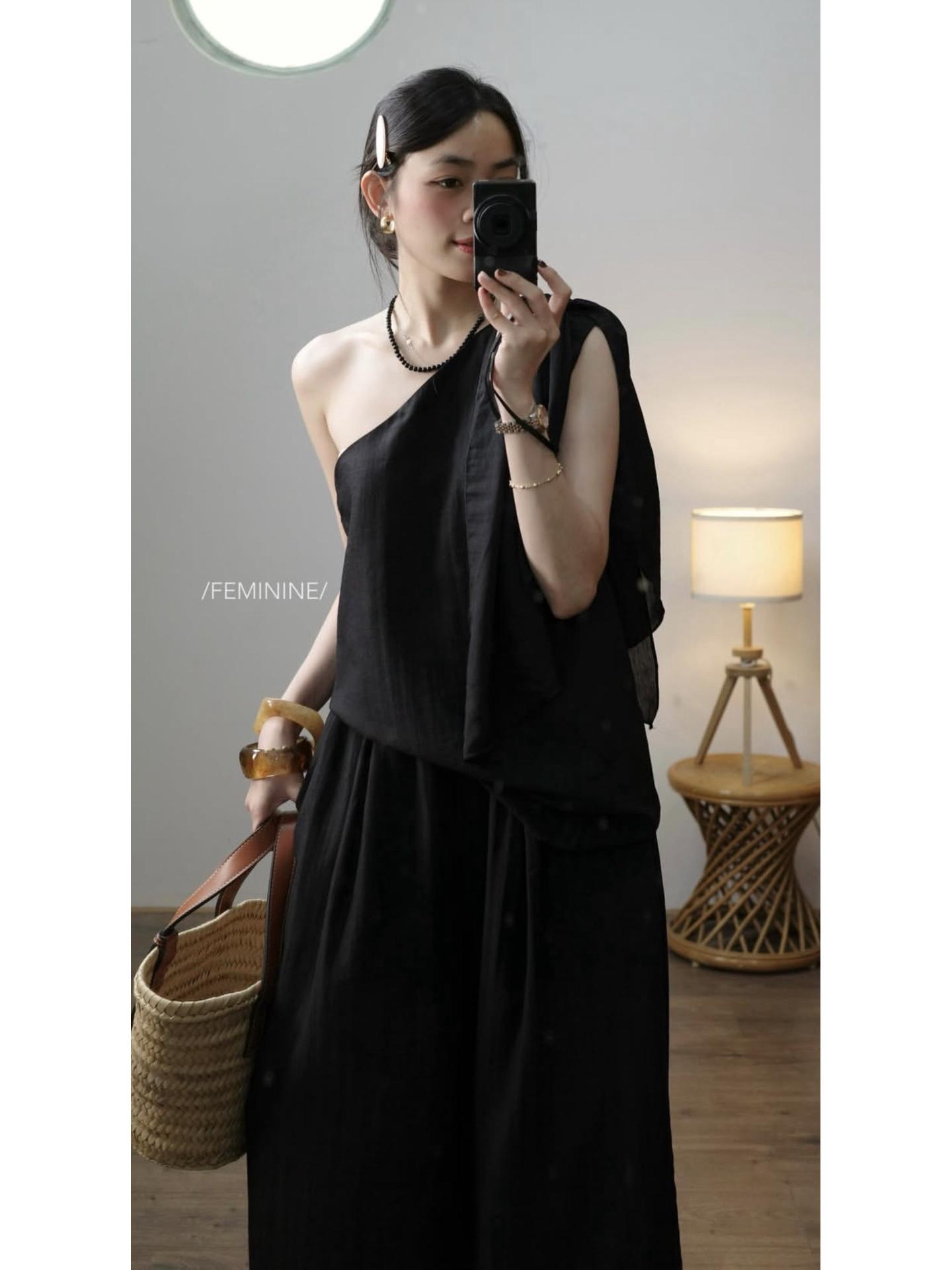 

2026 Summer Lazy Style Set: Sleeveless Single-Shoulder Top & Wide-Leg Pants XL (recommended for 120-140 jin) чёрный