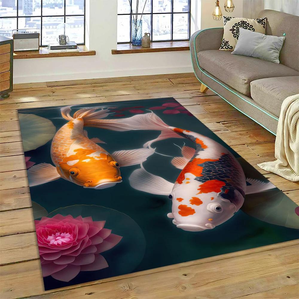 Koi Carp Naturalize Yin Yang Fish Cartoon Carpet Rug for Home Living Room Bedroom Sofa Doormat Decor,Kids Area Rug Non-slip Mat