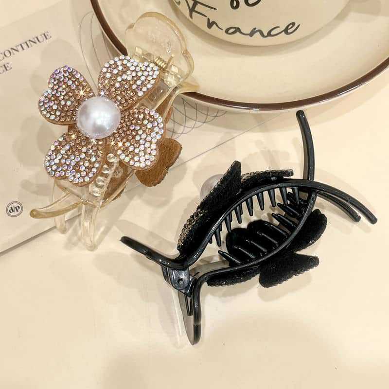 3Pcs Water Diamond Pearl Flower Ball Head Gripper Female Temperament High Ponytail Hair Clip with A Clip At The Back of The Head