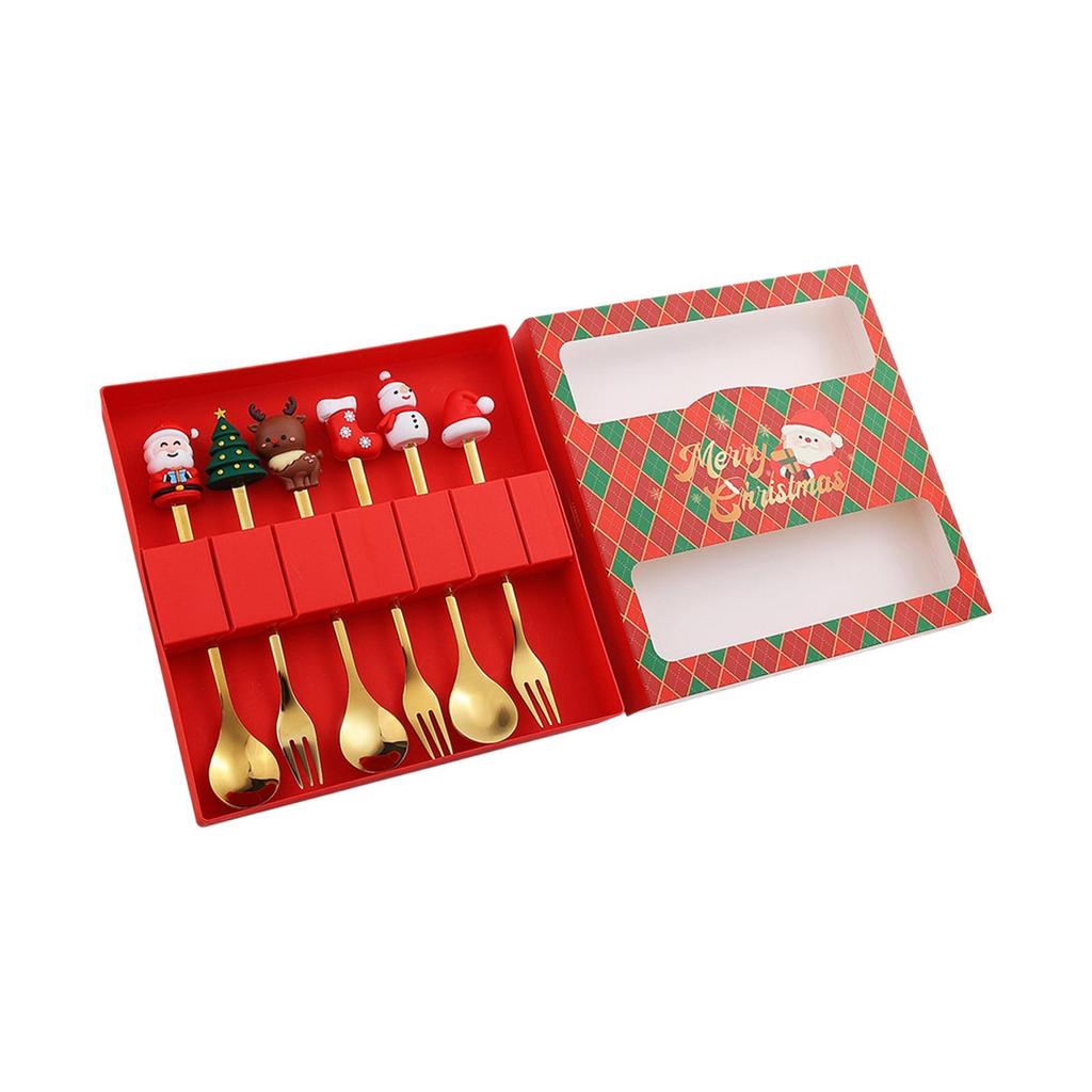 6Pcs Christmas Coffee Spoons Forks Set Cutlery for Stirring Sugar Home