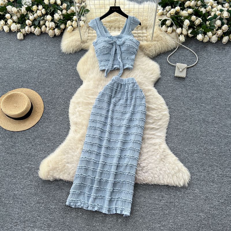 

Sweet Wear Women s Summer Wear Gentle Style Bow Square Collar Sling Small Flying Sleeve Top + High Waist Sheath Skirt Blue One size