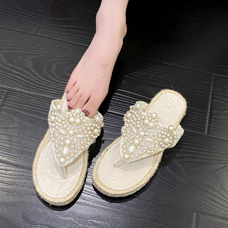 

Сказочный ветер жемчужная отделка сандалии с перемычкой летние 2025 новые соломенные платформенные шлепанцы женская обувь 40
