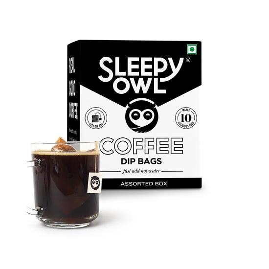

Sleepy Owl Assorted Hot Brew Drip Coffee Bags | 5 Delicious Flavours - French Vanilla, Dark Roast, Cinnamon, Hazelnut | 100% Arabica | 10 Serves