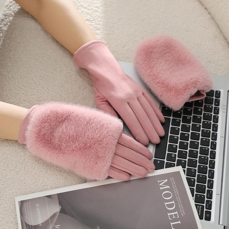 1Pair Finger Splitting Cold Protection Plush Warm Cotton Blend Winter Touchscreen-enabled Gloves Windproof