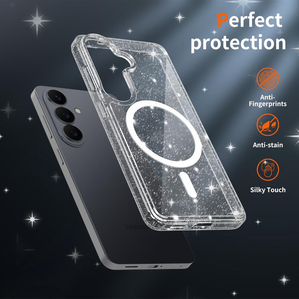 Anti Yellowing Clear Case for Magsafe Mag Safe Samsung S26 Plus S25 Edge S24 Ultra S23 Glitter Military Grade Protection Shockproof Cover Transparent