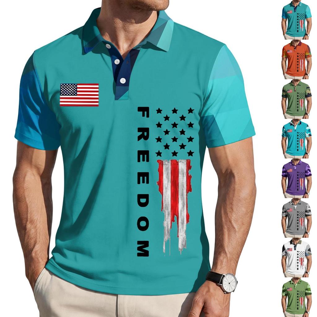 Men's Loose Fit Casual Short Sleeve Polo Shirt with Flag Print and FREEDOM Text Pattern Lightweight Breathable Summer Top