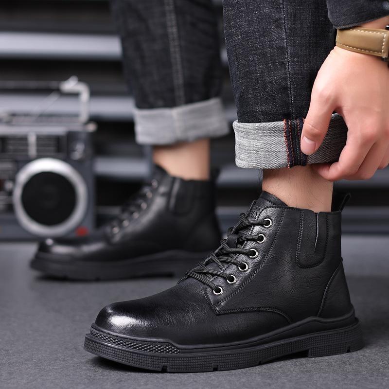 Martin Boots Winter British Style Real Leather with Fleece Lining Cotton-Padded Leather Boots Men's Retro Workwear Non-Slip Ankle Boots