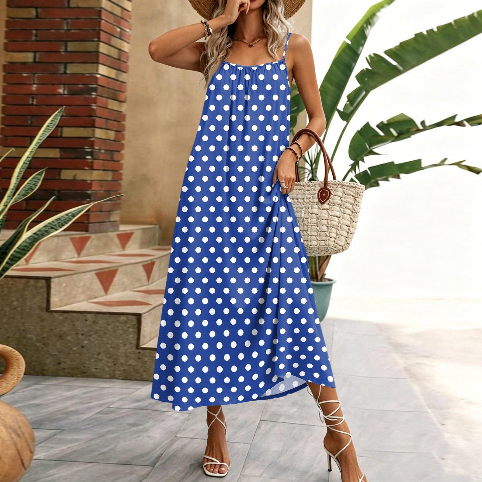 

Women Sleeveless Polka Dot Maxi Dress Summer Casual Long Dress with Adjustable Spaghetti Straps Lightweight Beach Dress for Vacation M синій