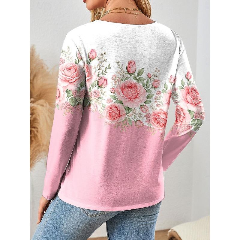 Damen T-Shirt Lässig Langarm Tops Floral Grafik T-Shirts Hemd Bluse O-Ausschnitt Herbst Winter Streetwear Stil y2k Pullover