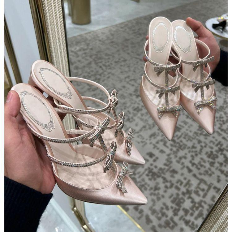 Women's Outer Bag Head Semi-drag Cool Slippers Pointed High Heels 2025 New Bow Rhinestone Section Stiletto Slippers