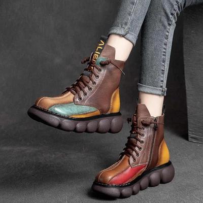 Autumn New Women's Short Boots Lace-up Thick Sole Leather Fashionable Color Blocking Martin Boots
