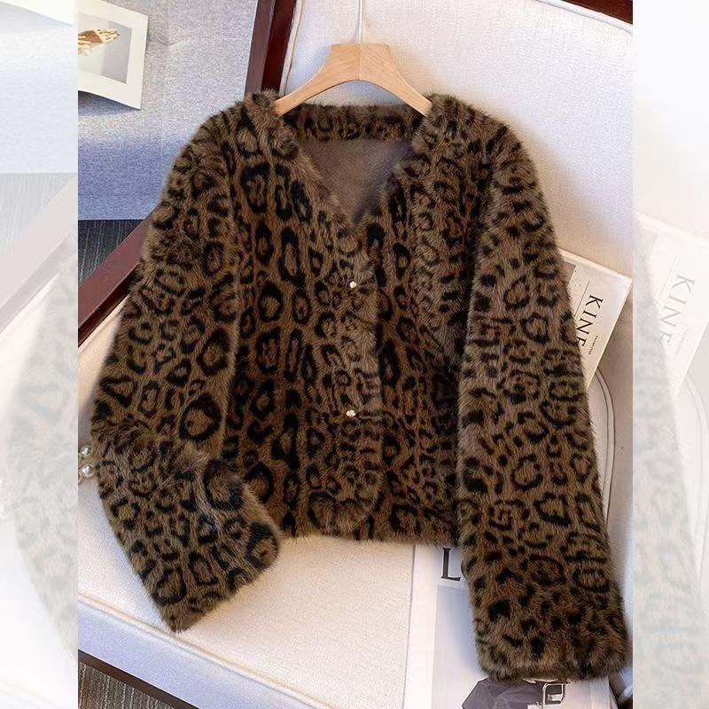 Winter leopard print short imitation mink fur jacket thickened fur integrated top collar