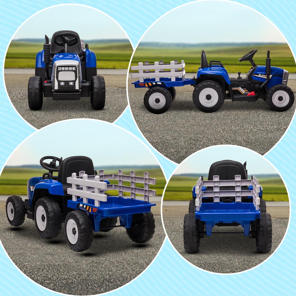 Ride On Tractor, Battery Powered Electric Car, with Detachable Trailer, Remote Control, Music, Blue