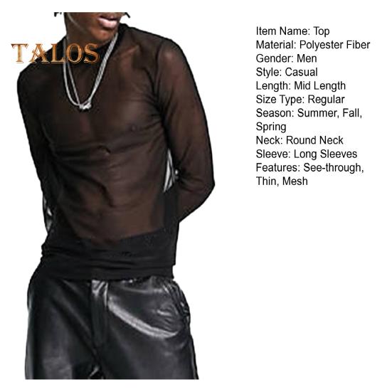 Men Mesh Top Ultra Thin See-through O Neck Long Sleeves Solid Color Stretchy Slim Fit Muscle-Enhancing Party Homewear Club Dance Performance T-shirt