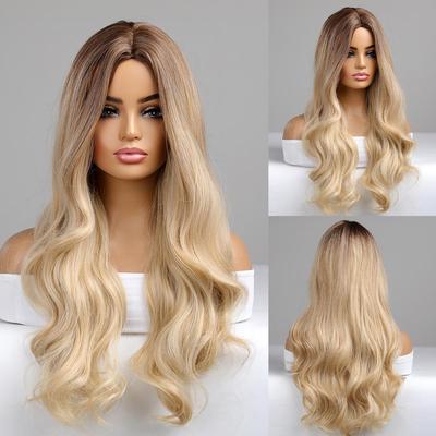 פאה סינתטית בלונדינית חומה Ombre לנשים פאות גליות ארוכות עם שורש כהה צבעוני קוספליי מסיבת שיער מזויף עמיד בחום