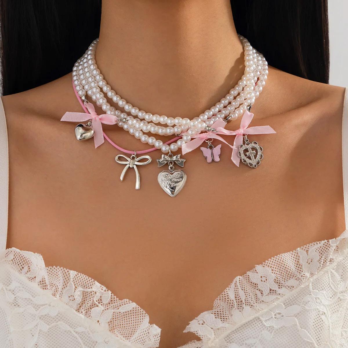 

Pearl Beads Jewelry Sets Accessories for Girls Love Necklace Women Neck Cute Jewellery Aesthetic Necklaces Sweet Style Wholesale