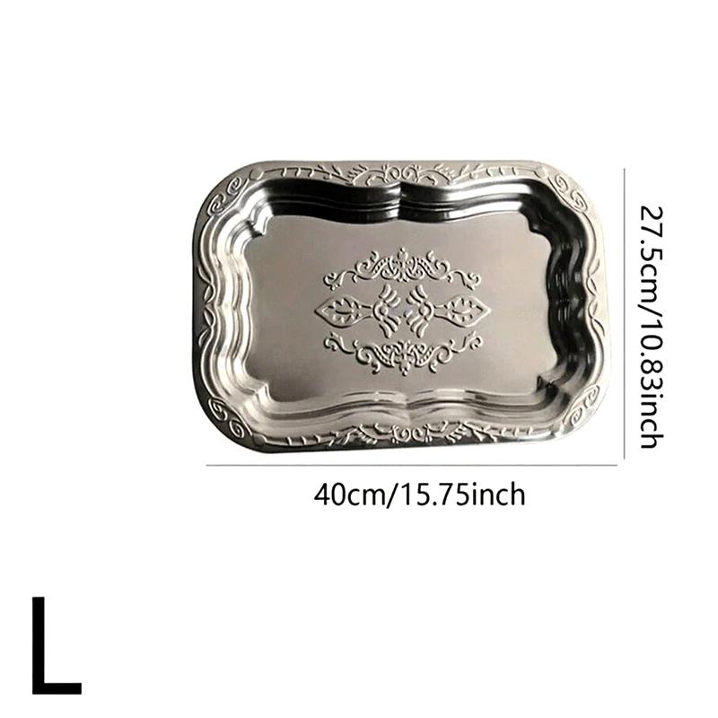 1Pcs Stainless Steel Rectangular Tray With Embossed Design For Kitchen Living Room Storage Durable Fruit Snack Cake Serving Dish