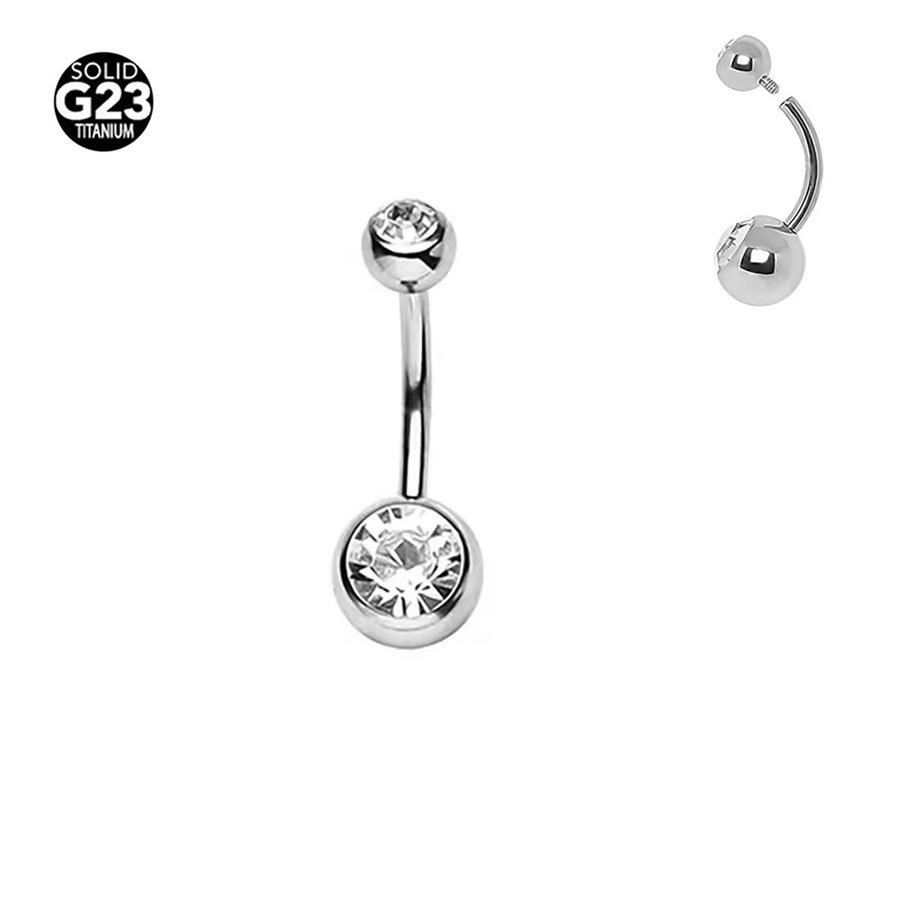 G23 Titanium Zircon Navel Ring: Internally Threaded F136 Alloy with Double Ball Diamond Design Piercing Jewelry.