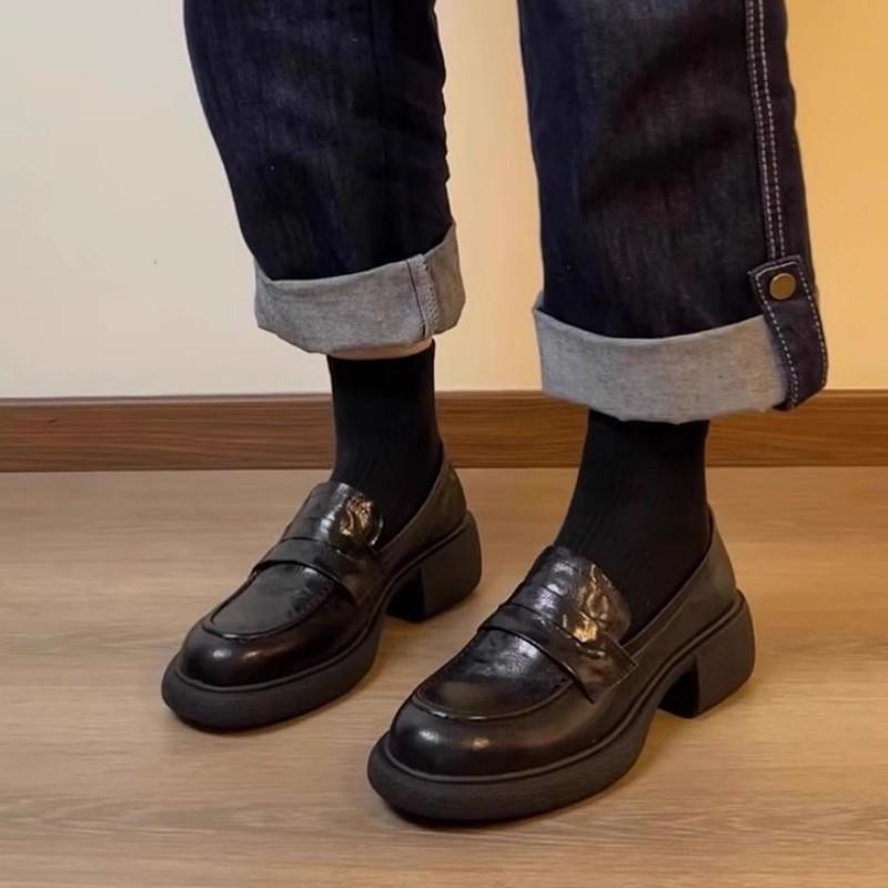 Soft Leather Version~ British Style Platform Loafers Women's One-pedal Lazy Shoes Versatile Single Shoes College Style Jk Uniform Shoes