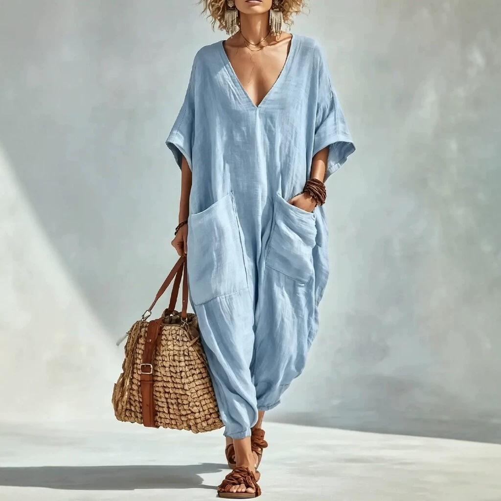 Women V Neck Short Sleeve Plunging Jumpsuit Casual Wide Leg Loose Fit Baggy Romper With Big Side Pockets Solid Color Summer Overalls