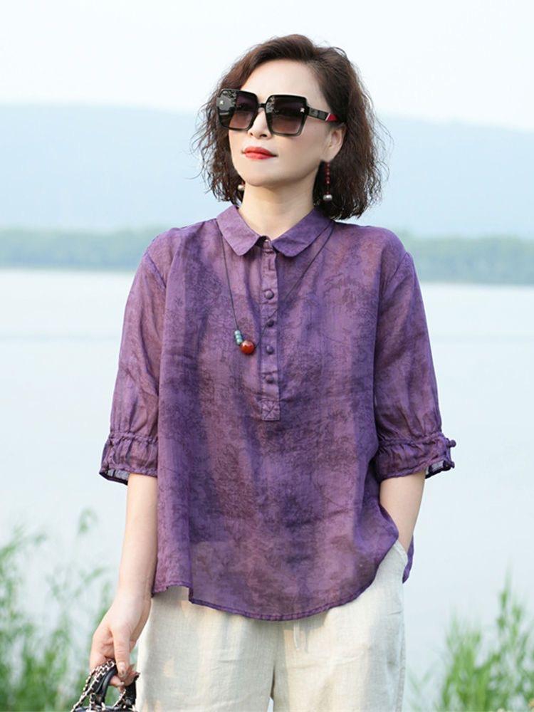 

Женская летняя футболка с лацканами из шелка и льна: Короткий рукав, Прохладный, Модный, Тонкий пуловер XXL (suggested 110-125 jin) фиолетовый