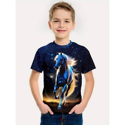 Kinder T-Shirts Sommer Rundhals 3D Pferde Muster Bedrucktes Top Modisch und Lässig Kurzärmelig Kinder Jungen und Mädchen T-Shirts