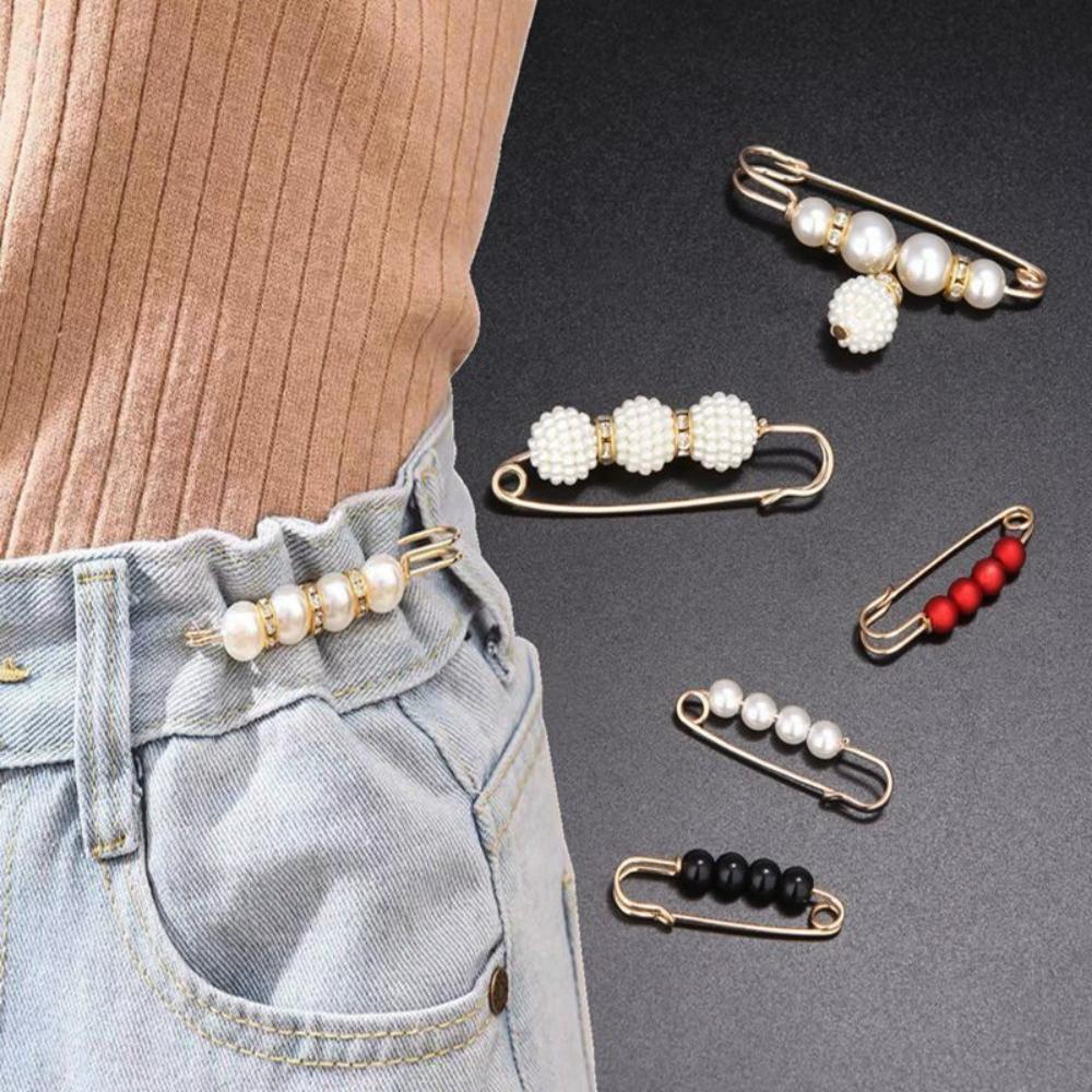 6-Piece Set Pearl/Black Bead Waist Adjustable Safety Pins, Elegant Pants Waist Cincher Brooch, Ideal for Daily Clothing Repair