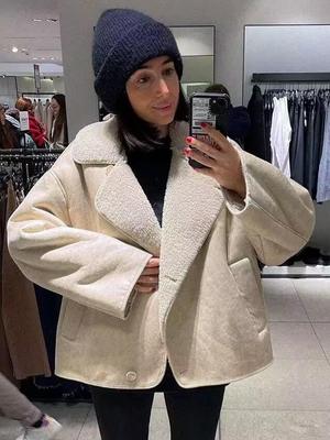 2025 Autumn/Winter Women's Lapel Shearling Suede Fleece-lined Warm Coat A14063