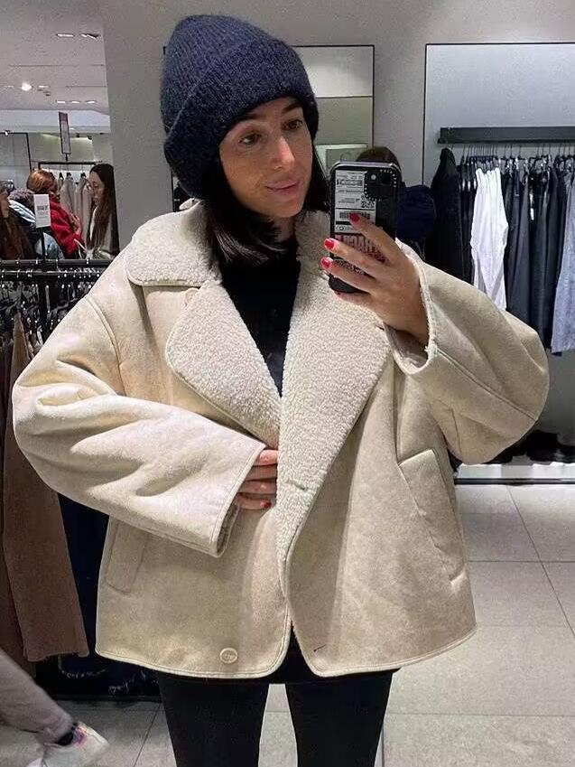 2025 Autumn/Winter Women's Lapel Shearling Suede Fleece-lined Warm Coat A14063