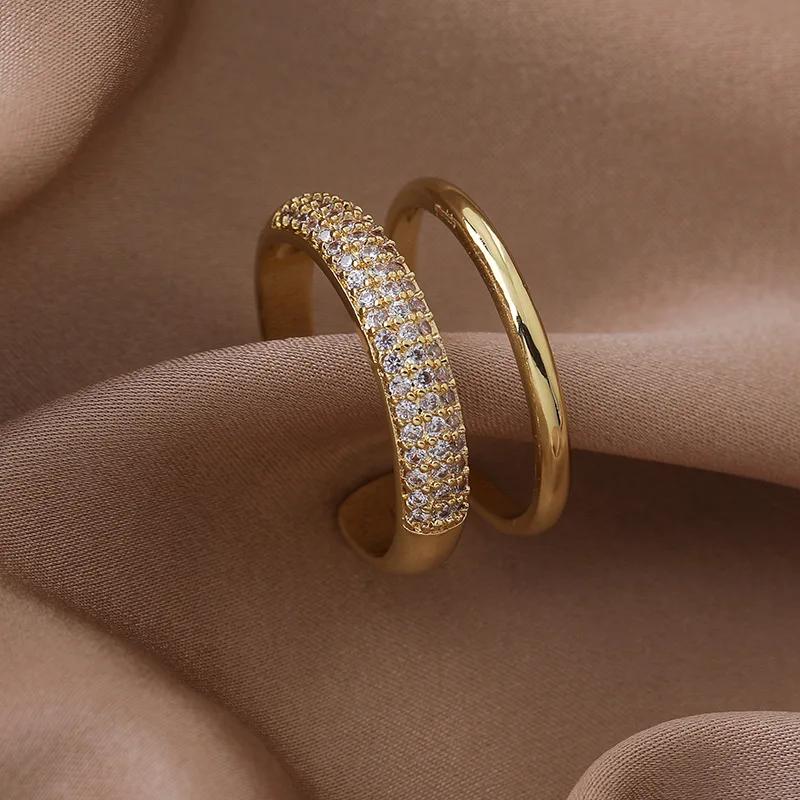 

Luxury Fashion Gold Color Stainless Steel Double Layer Wide Couple Rings for Women Men Charm Shiny Crystal Finger Jewelry Gift resizable золотий