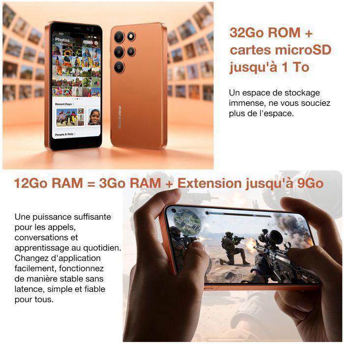 Refurbished - Blackview WAVE 2C Smartphone Mini 5.0" Écran 12Go(3+9) + 32Go/jusqu'à 1To 3000mAh Android 16 5MP Téléphone 4G Double Sim GPS Orange