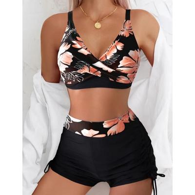 Split Swimsuit Women's Contrasting Flower Cross Suspender Halter Bikini Bikini Split Sports Tight Fit
