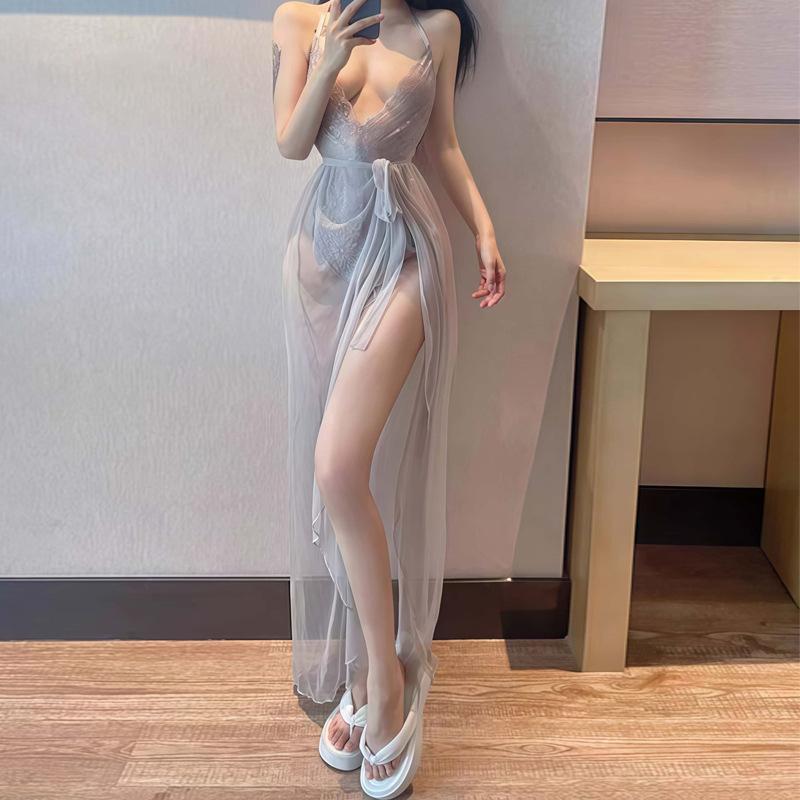 Seductive and sexy lingerie, strappy seductive tulle pajamas, deep V see-through one-piece two-in-one skirt