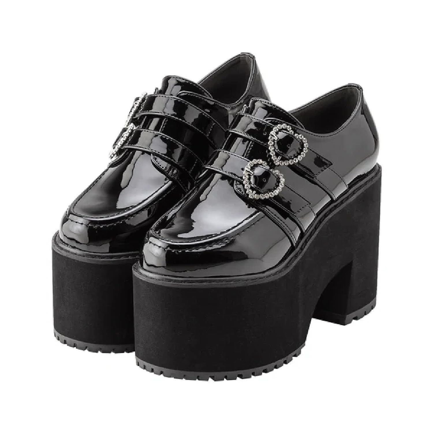 

Women s Double Jewel Platform Loafers, Round Toe, Yumetenbo, Mass-Produced, Landmine Style, DearMyLove, Black (Heart Buckle), Size 23.0cm, 5326940202