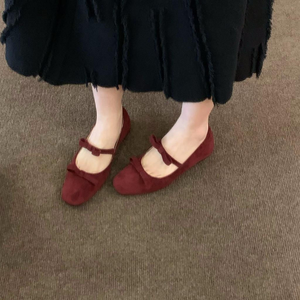 Jonmei for San Nei heightening retro suede ballet single shoes women's shoes 2025 autumn bow evening shoes