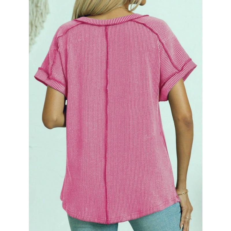 YYFS Women's Fashion Casual Summer Spring Solid Color Print Short Sleeve V-Neck Blouses & Shirts